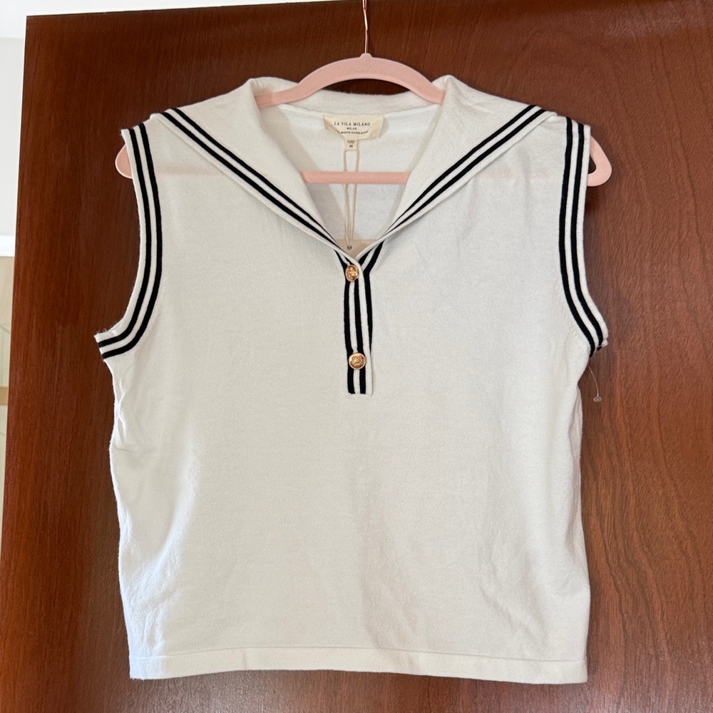 Nautical White Sleeveless Top with Black Accents